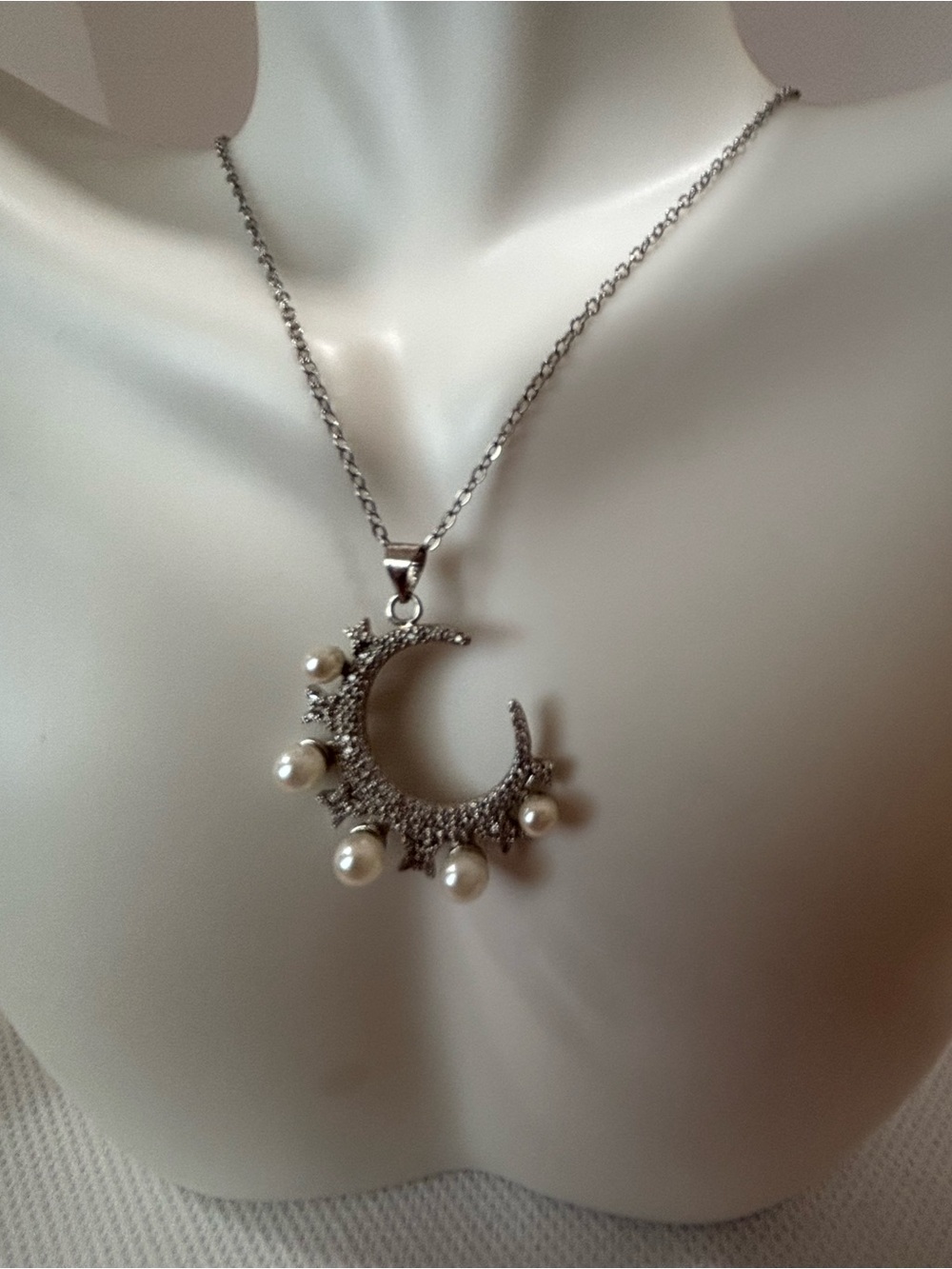 Elegant stainless steel Crescent Moon crystal Pendant Necklace with faux Pearls